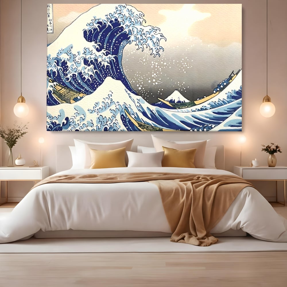 Tablou canvas cu tablou canvas cu valul urias, fara rama, pe sasiu de lemn, pe perete intr-un dormitor